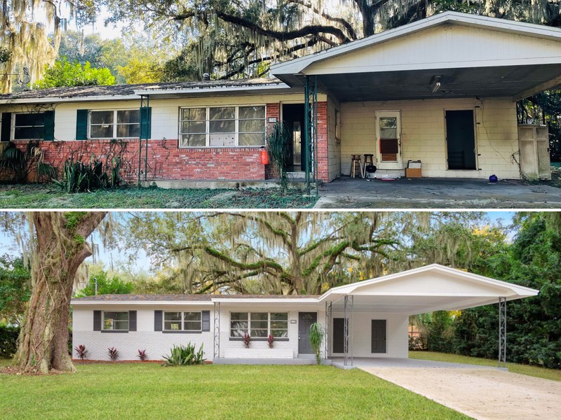 Before and after of a DeLand rental house bought occupied from a landlord and fully renovated