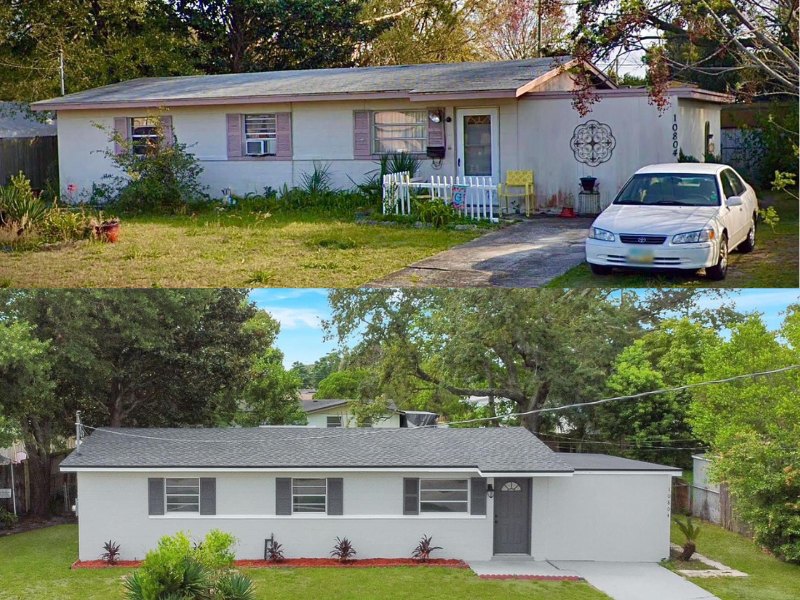 Before and after of an inherited 1950s concrete block ranch in Jacksonville bought as-is for cash and fully renovated