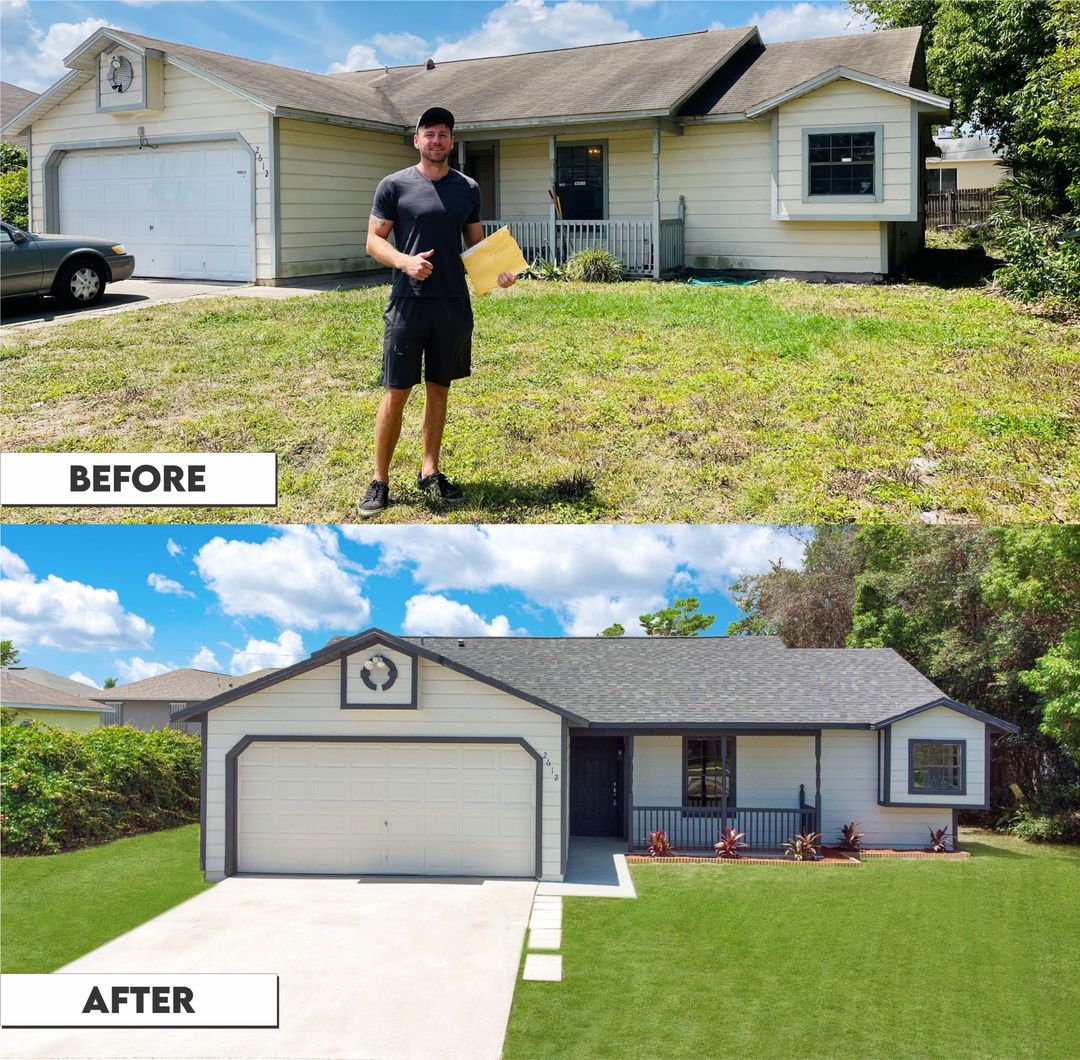 Before and after of a Port Orange home bought as-is for cash, showing a new roof, fresh paint and new landscaping